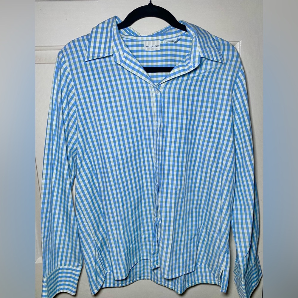 White Stag Button Up Shirt Women’s Medium M Blue White Gingham Check Long Sleeve